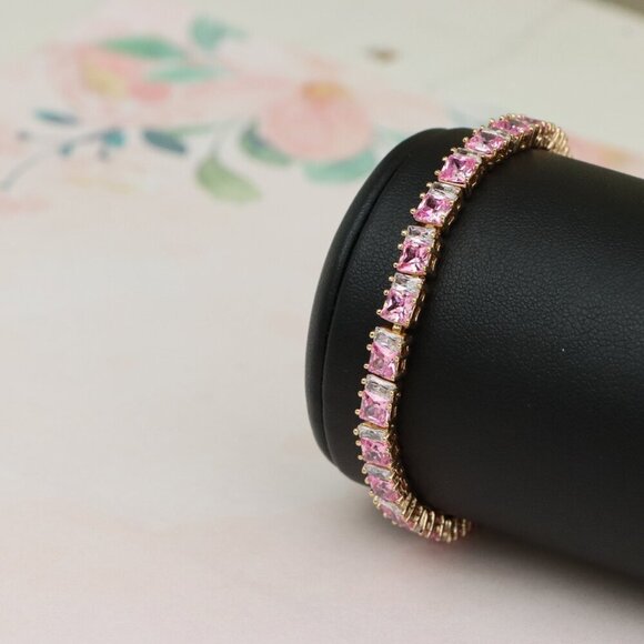 "Rose Gold Tennis Bracelet with Pink Square CZ Stones, Elegant Design, XPBL0740 - Picture 9 of 12